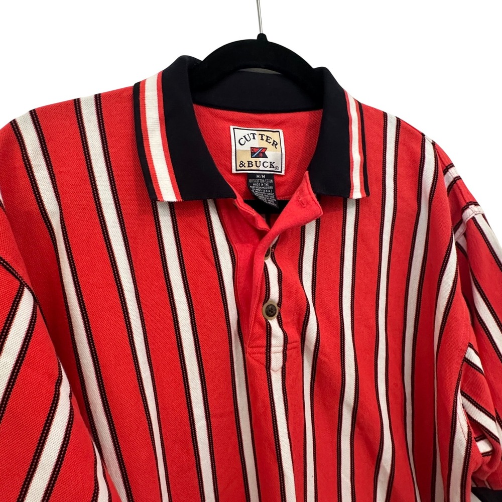 Cutter & Buck Polo Shirt Vintage 90s Red White Blue Striped Cotton Pique Mens M